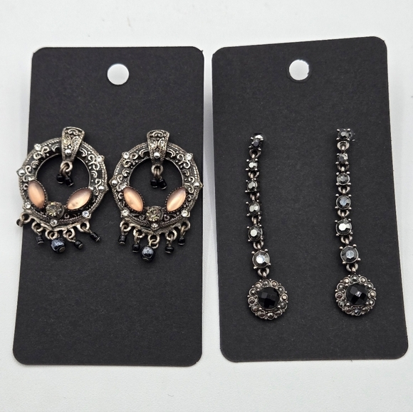Vintage Jewelry - VINTAGE Fashion Earrings Gun Metal Faux Gemstones Black Rhinestone Pink